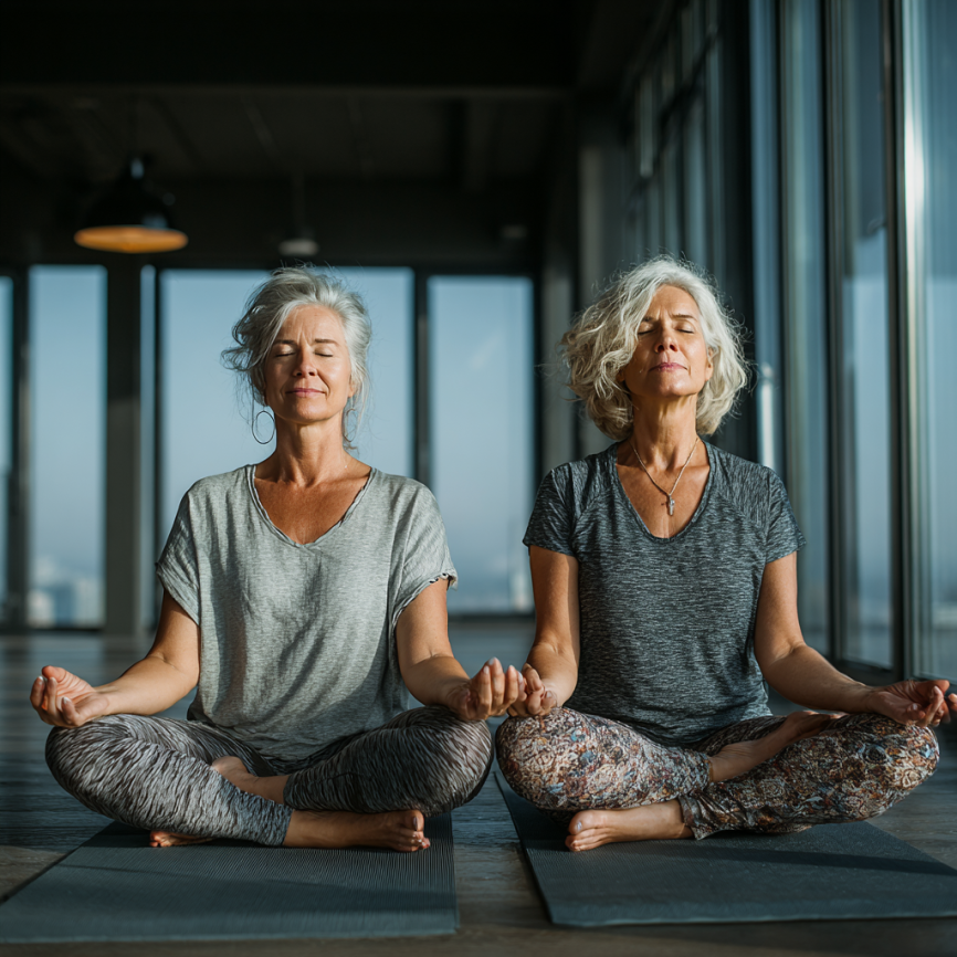 Група людей похилого віку займається йогою